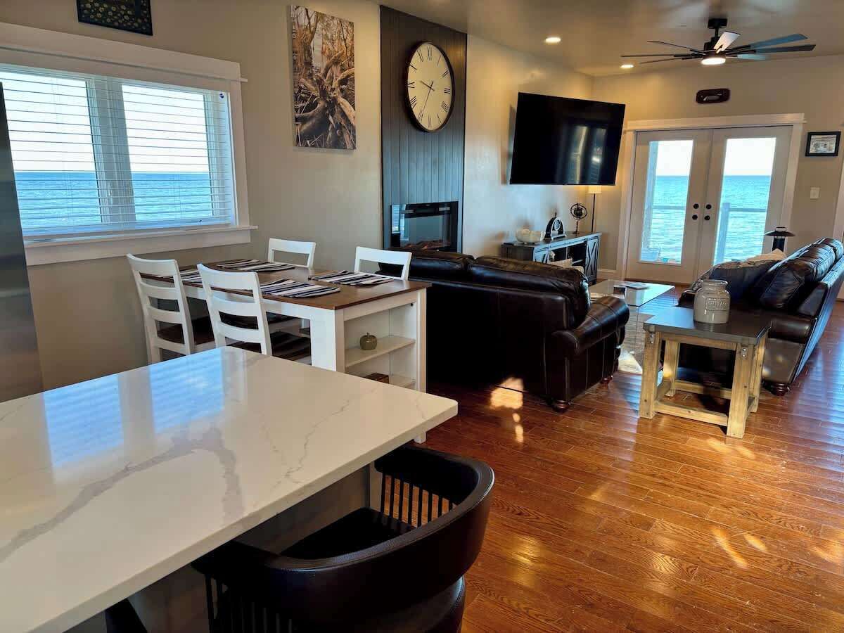 TV, fireplace, foosball