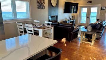 TV, fireplace, foosball