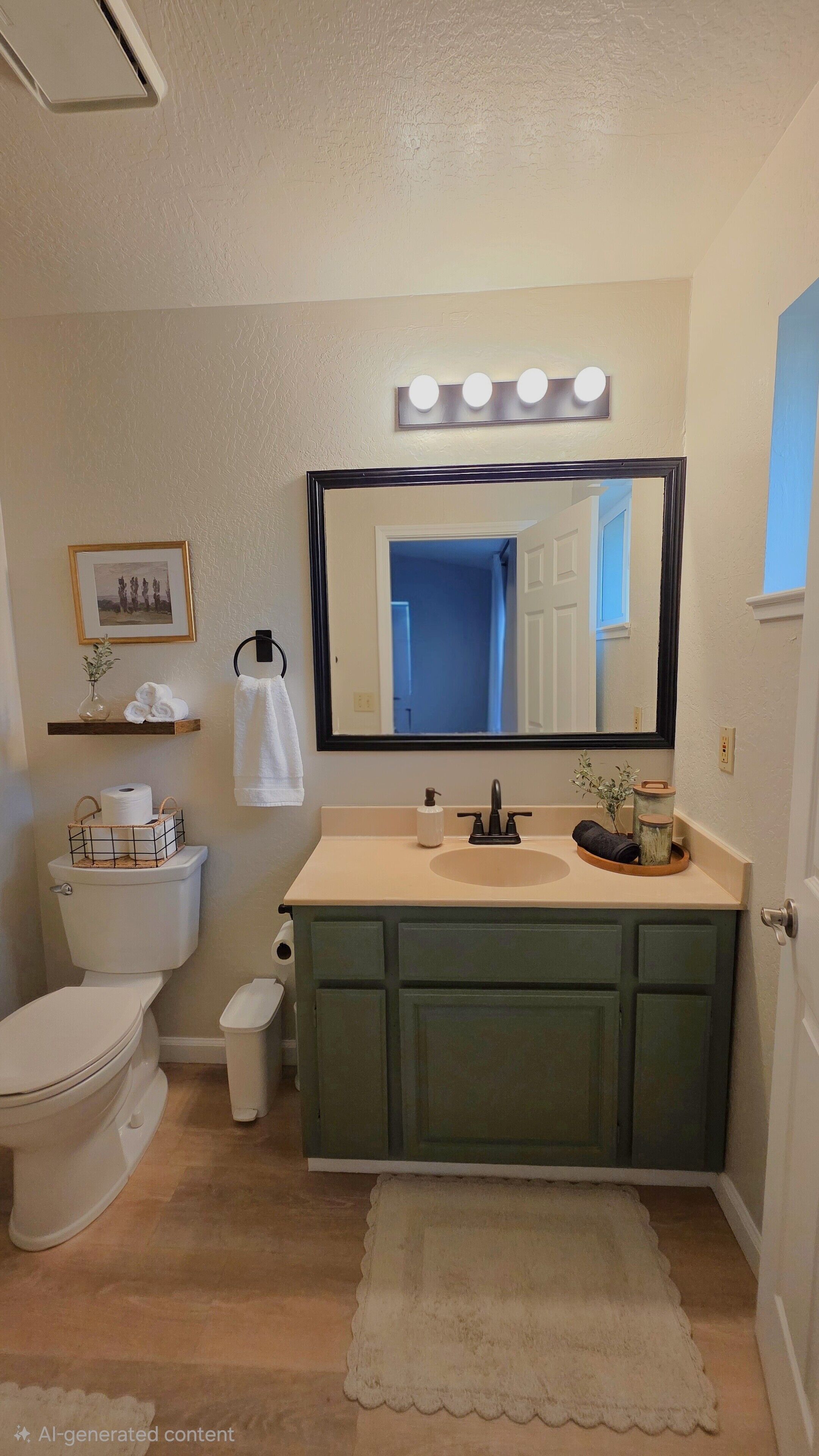 A bathroom with a toilet, sink, and mirror. There are lights above the mirror, a towel hanging on the wall, and a picture frame.