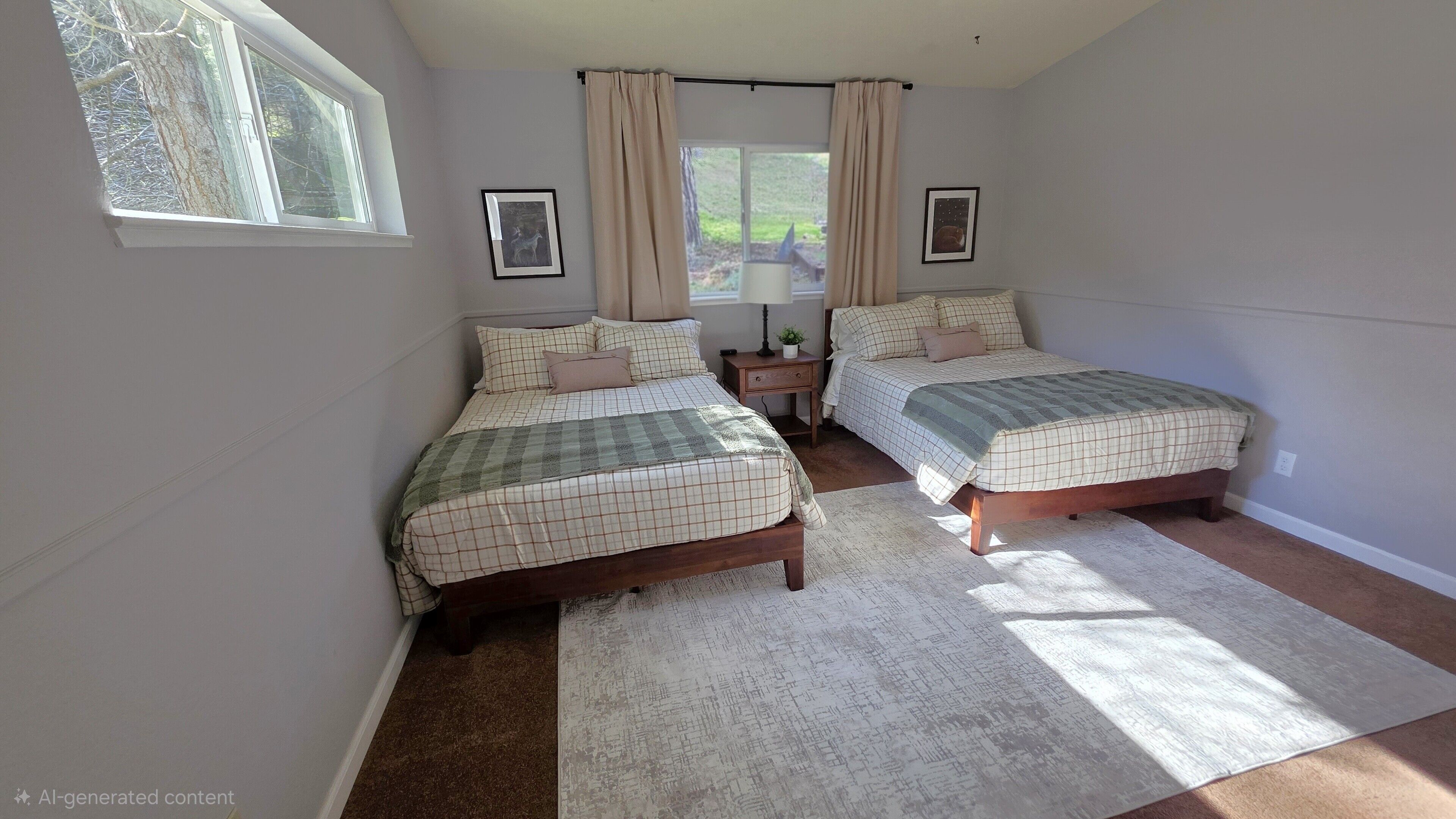 A bedroom with two beds, a window with curtains, a nightstand with a lamp, and a framed picture on the wall.