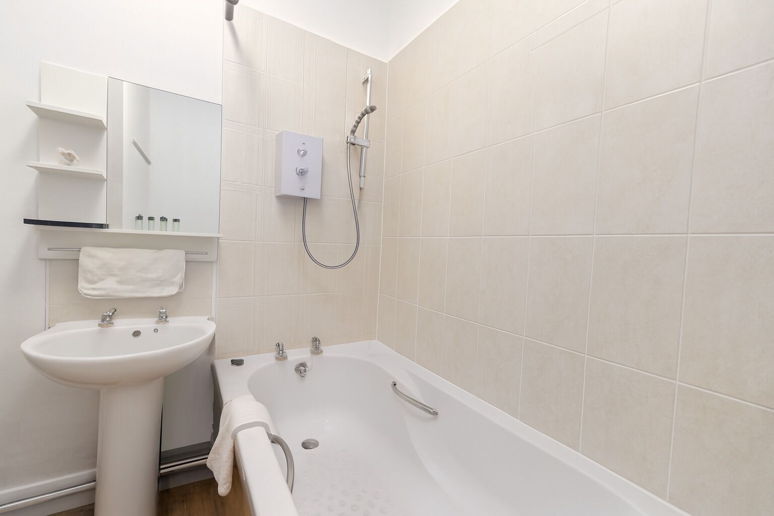 Hair dryer, towels, soap, toilet paper