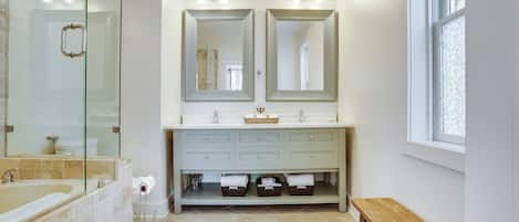 Hair dryer, towels, soap