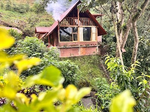 Une maison en bois à l’allure rustique, dotée d’un toit en pente, et entourée d’une végétation luxuriante et d’arbres.