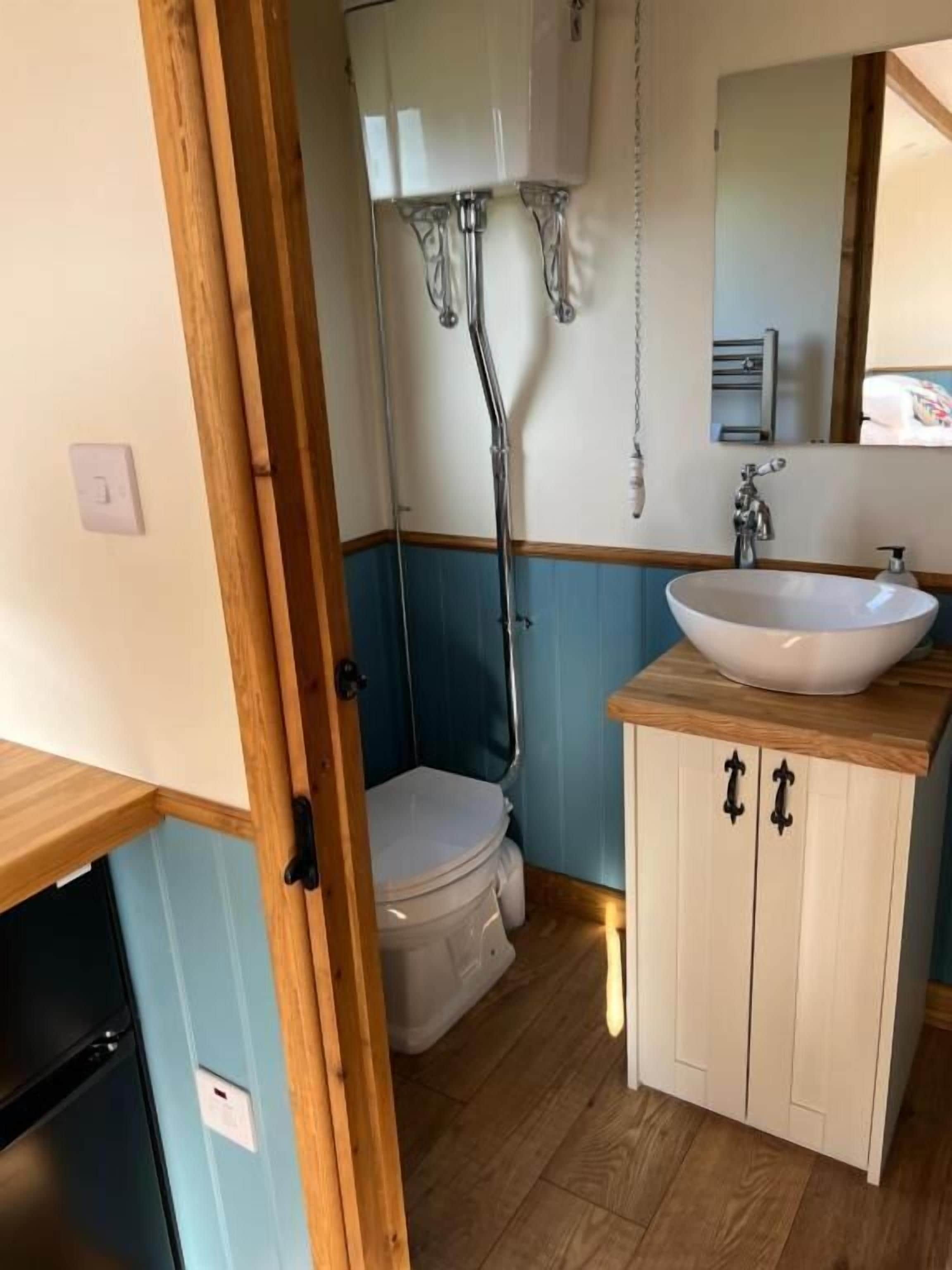 A bathroom with a white toilet, a wooden cabinet with a sink, and a mirror above the sink.