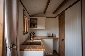 Luxury Room, Hill View | Private kitchen | Fridge, microwave, oven, stovetop - Pentland Shepherd Huts (Penicuik)
