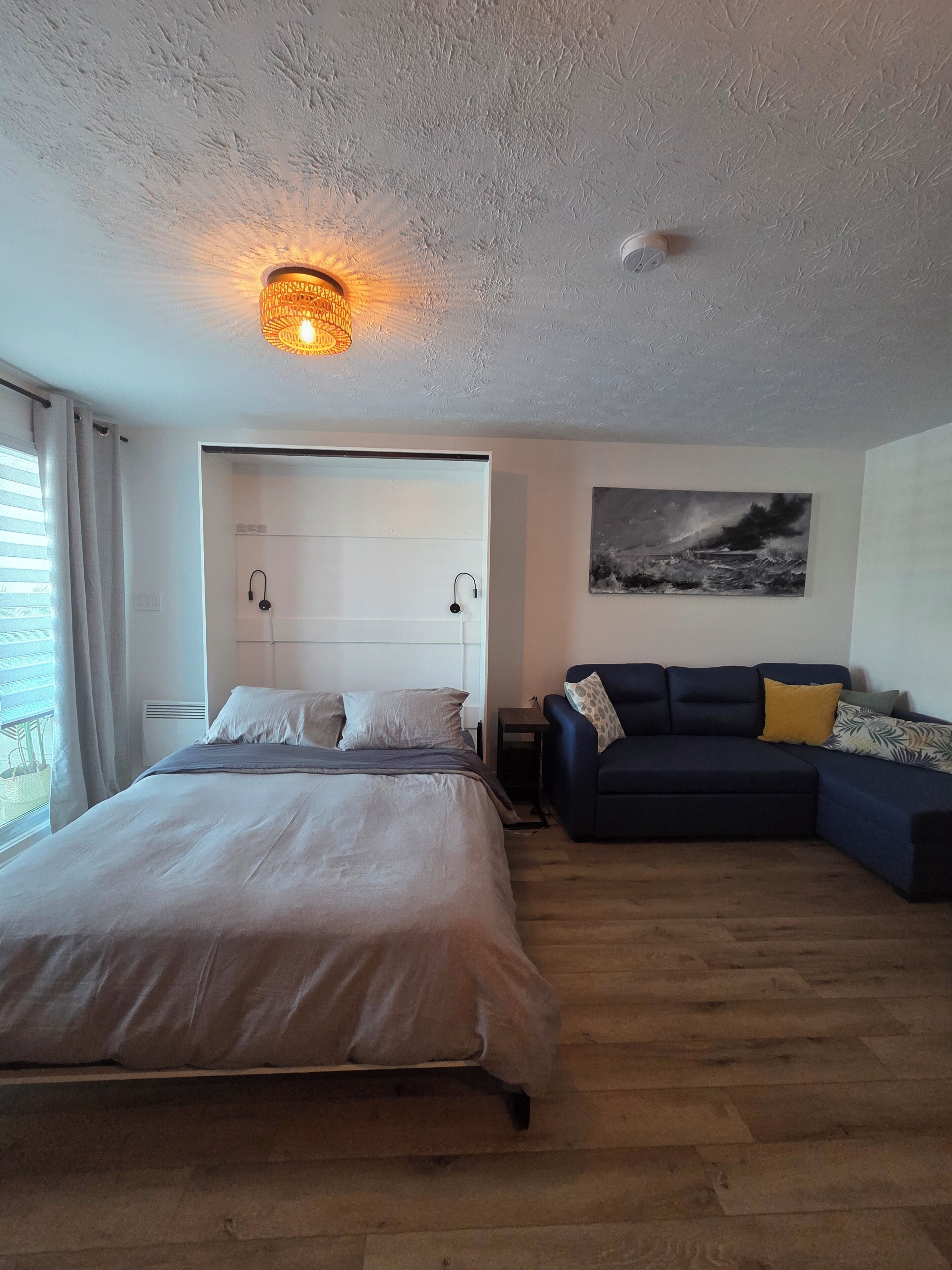 A bedroom with a bed, a sofa, a ceiling light, a wall-mounted heater, and a window with curtains.