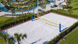 Una spiaggia con un campo da pallavolo, una rete, palme e una zona piscina.