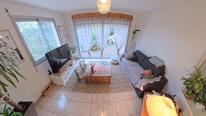 TV, fireplace, books, printers