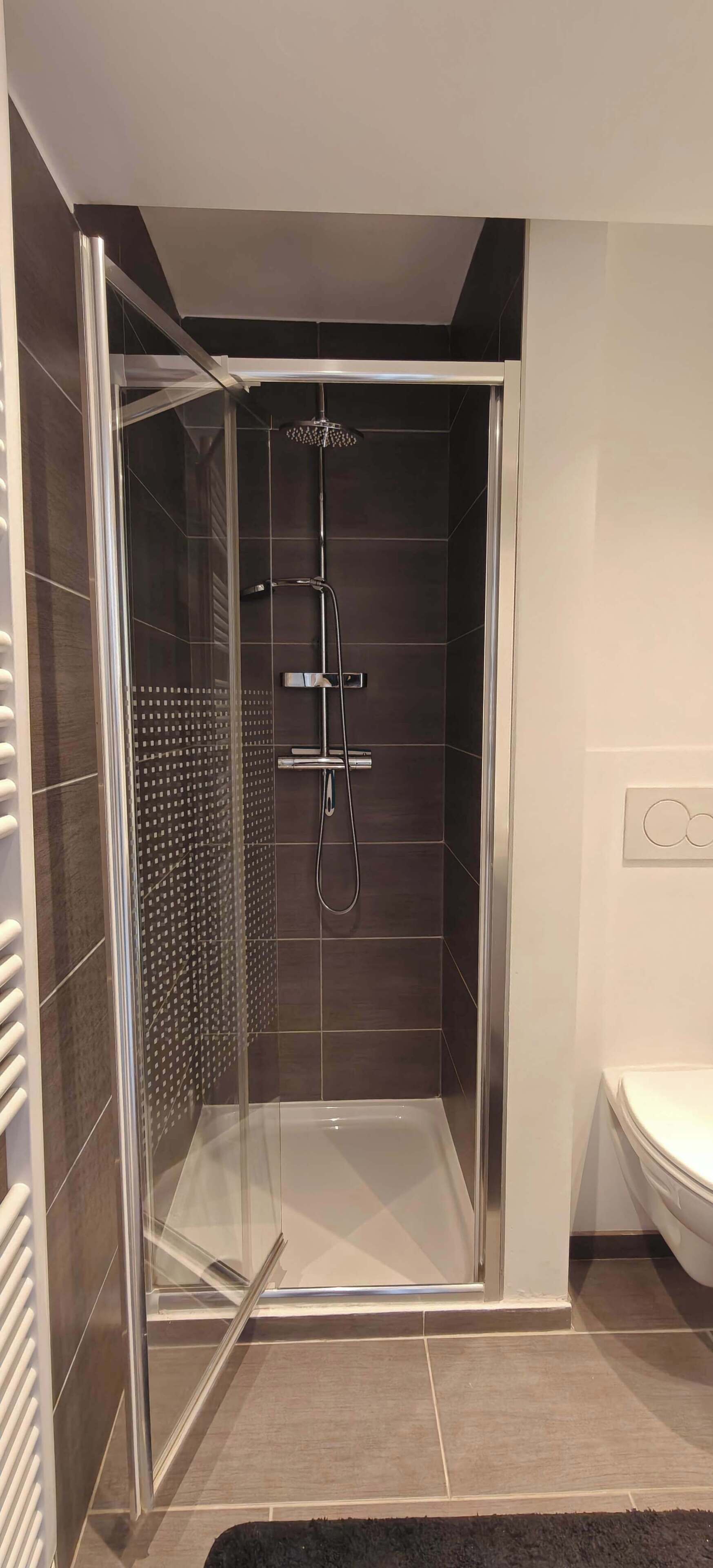A modern shower enclosure with a glass door, a handheld showerhead, and a wall-mounted control panel.
