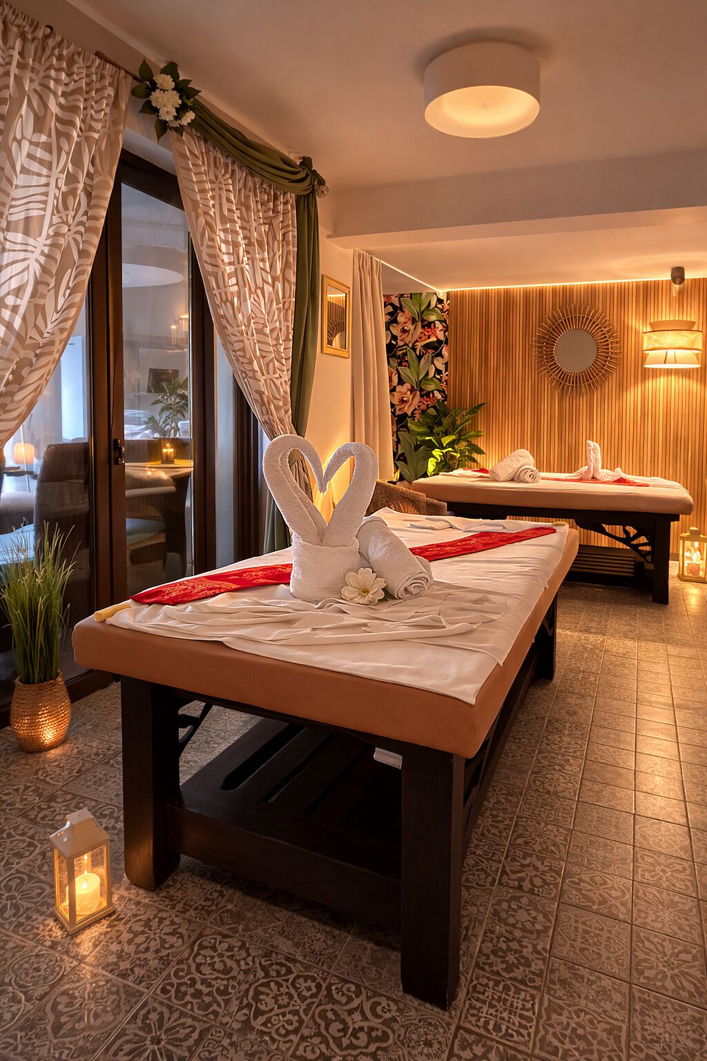 Une chambre d’hôtel équipée d’une table de massage, d’une décoration en forme de cœur réalisée avec des serviettes et d’un miroir décoratif au mur.