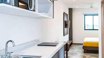 Fridge, microwave, stovetop, coffee/tea maker