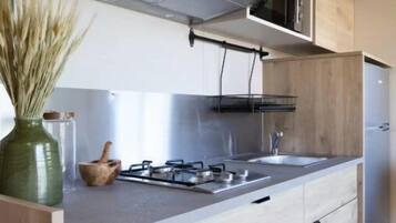 Réfrigérateur, micro-ondes, plaque de cuisson