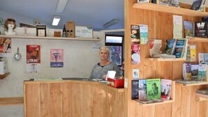 A wooden reception desk with a woman behind it, surrounded by various travel brochures and maps.