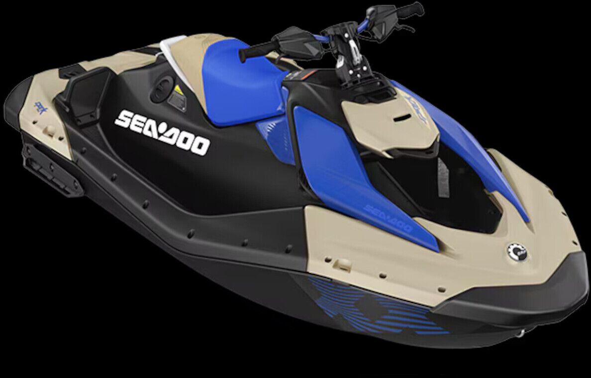 A Sea-Doo jet ski with a black and blue color scheme, a visible seat, and a control panel.