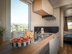 Fridge, microwave, stovetop, dishwasher - ZEcamping 4* espace aquatique animations locatif TV LV clim 32m2 (Soullans)