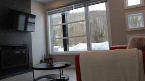 Una sala de estar moderna con chimenea, un ventanal con vistas a un bosque nevado y un televisor de pantalla plana montado en la pared.