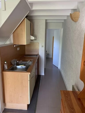 Une cuisine de taille réduite, dotée de meubles de rangement en bois, d’un évier et d’un plan de travail.