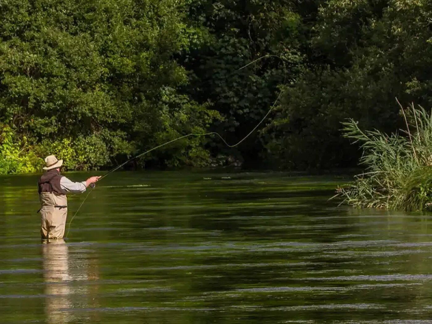 Eine Person steht in einem Fluss und wirft eine Angel aus.