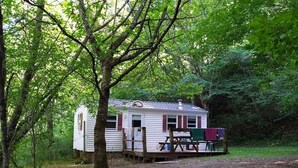 Une maison mobile dotée d’un porche et d’une petite terrasse, entourée d’arbres dans une zone boisée.