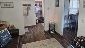 A living room with a brown leather couch, a blue pillow, a small table with a tissue box, and a shelf with decorative items. - Pet-Friendly Home in Downtown Balaton (Balaton)