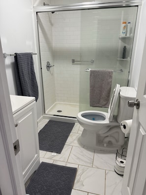 Hair dryer, towels, soap, shampoo