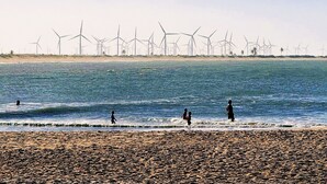 Una playa con aerogeneradores a lo lejos y gente caminando por la orilla.