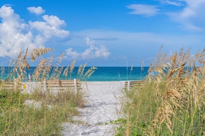 A sandy beach path leading to the ocean, surrounded by tall grasses and a wooden fence. - Direct Beach Access Beautiful Resort Balcony (Holmes Beach)