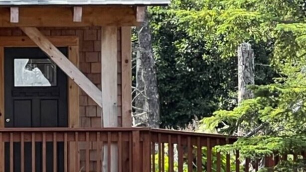 A wooden cabin with a porch and a moose in the foreground. - Charming 2-bedroom cottage in Homer perfect for relaxing stays. (Homer)