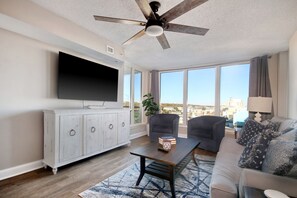 TV, fireplace - Luxury 2-Bedroom Oceanview from Balcony at the Bahama Sands Resort (North Myrtle Beach)