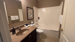 Hair dryer, towels, soap, toilet paper