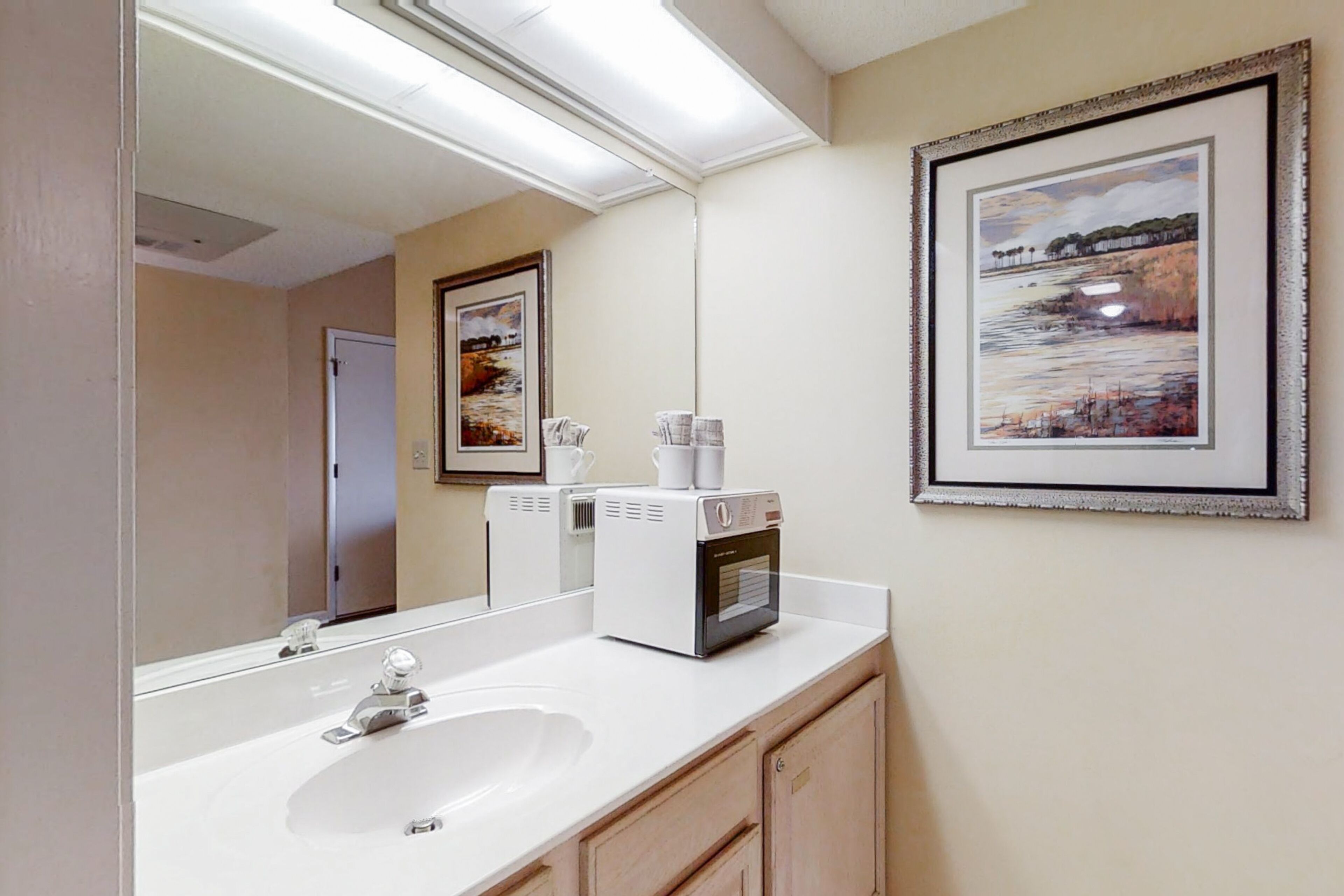 A bathroom with a white sink, a mirror, a framed painting, and a coffee maker.