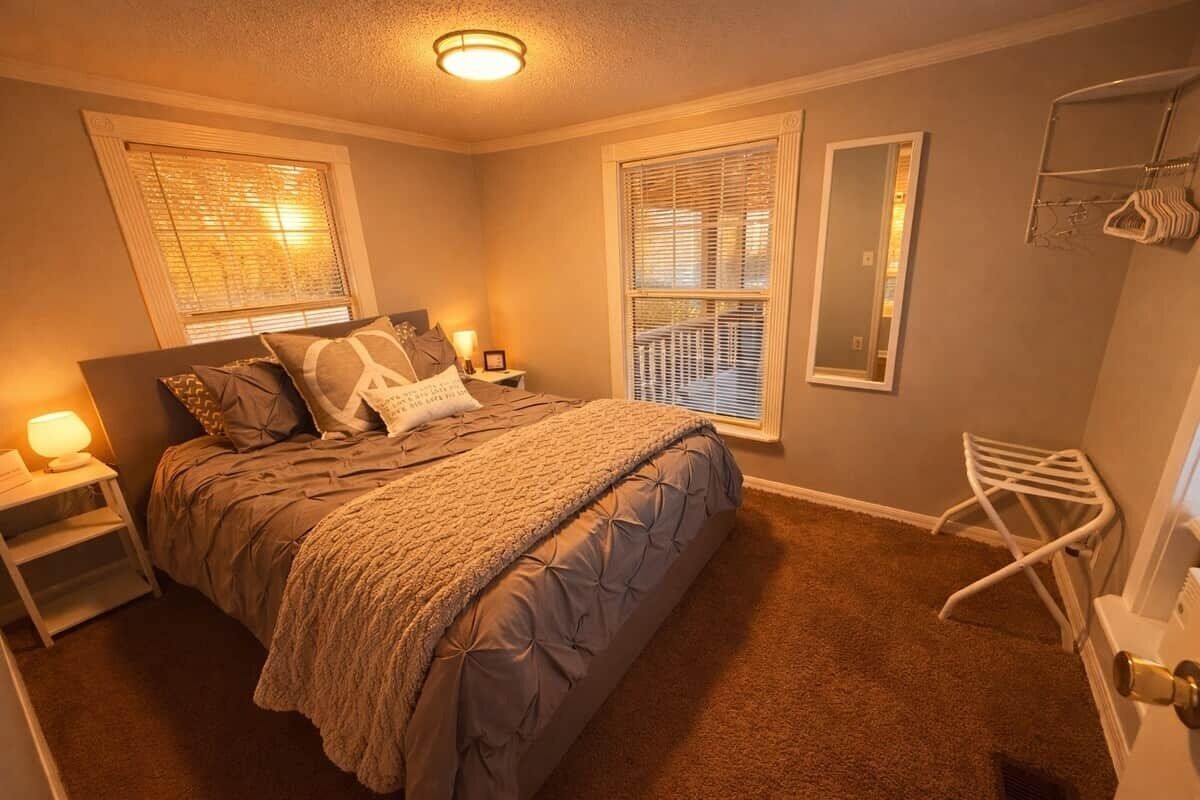 Quarto com cama, luminárias de cabeceira, espelho e janela com persianas.