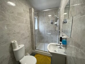 Shower, hair dryer, towels, toilet paper