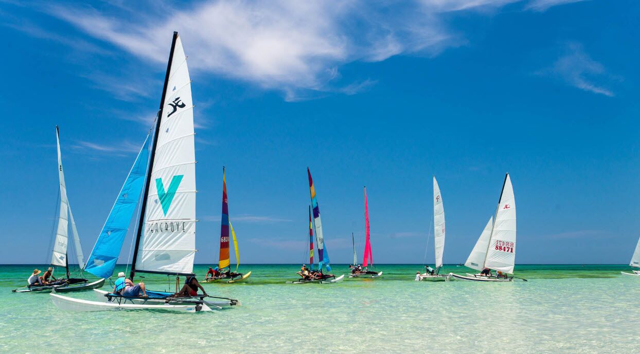 A group of sailboats on a clear turquoise sea with a bright blue sky.