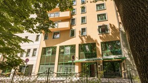 Un edificio de varios pisos con toldo verde, ventanas amplias y un árbol en primer plano.