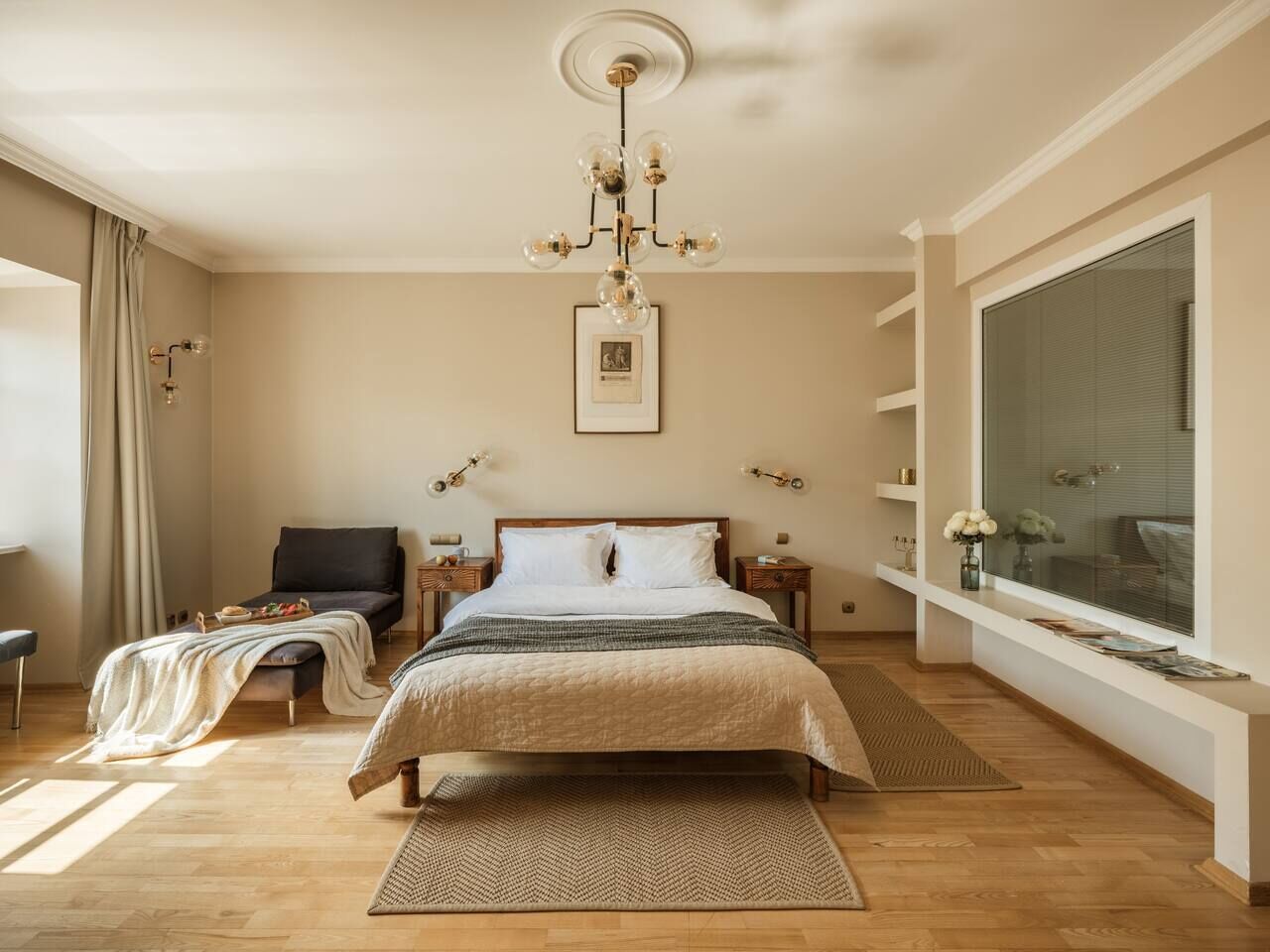 Desk, iron/ironing board, bed sheets