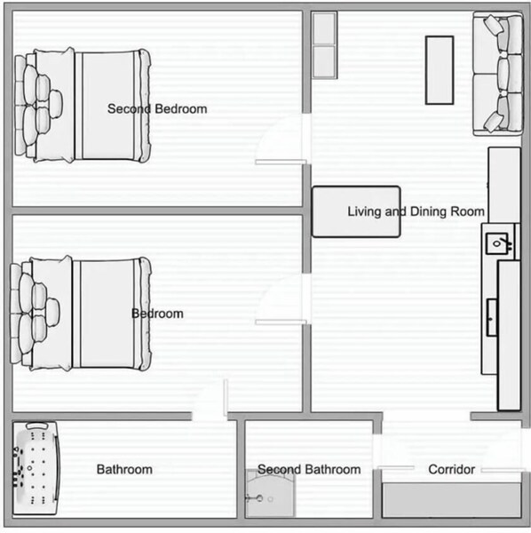 A floor plan with a second bedroom, living and dining room, two bathrooms, and a corridor. - Skawińska 2-bed apartment on the ground floor (Kraków)