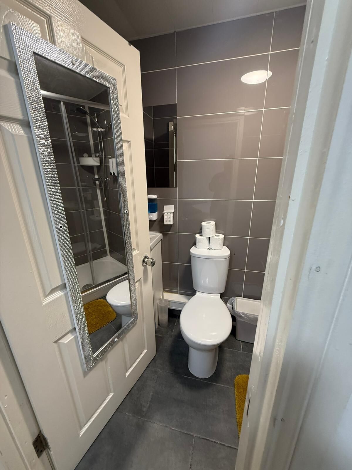 Shower, hair dryer, towels, toilet paper