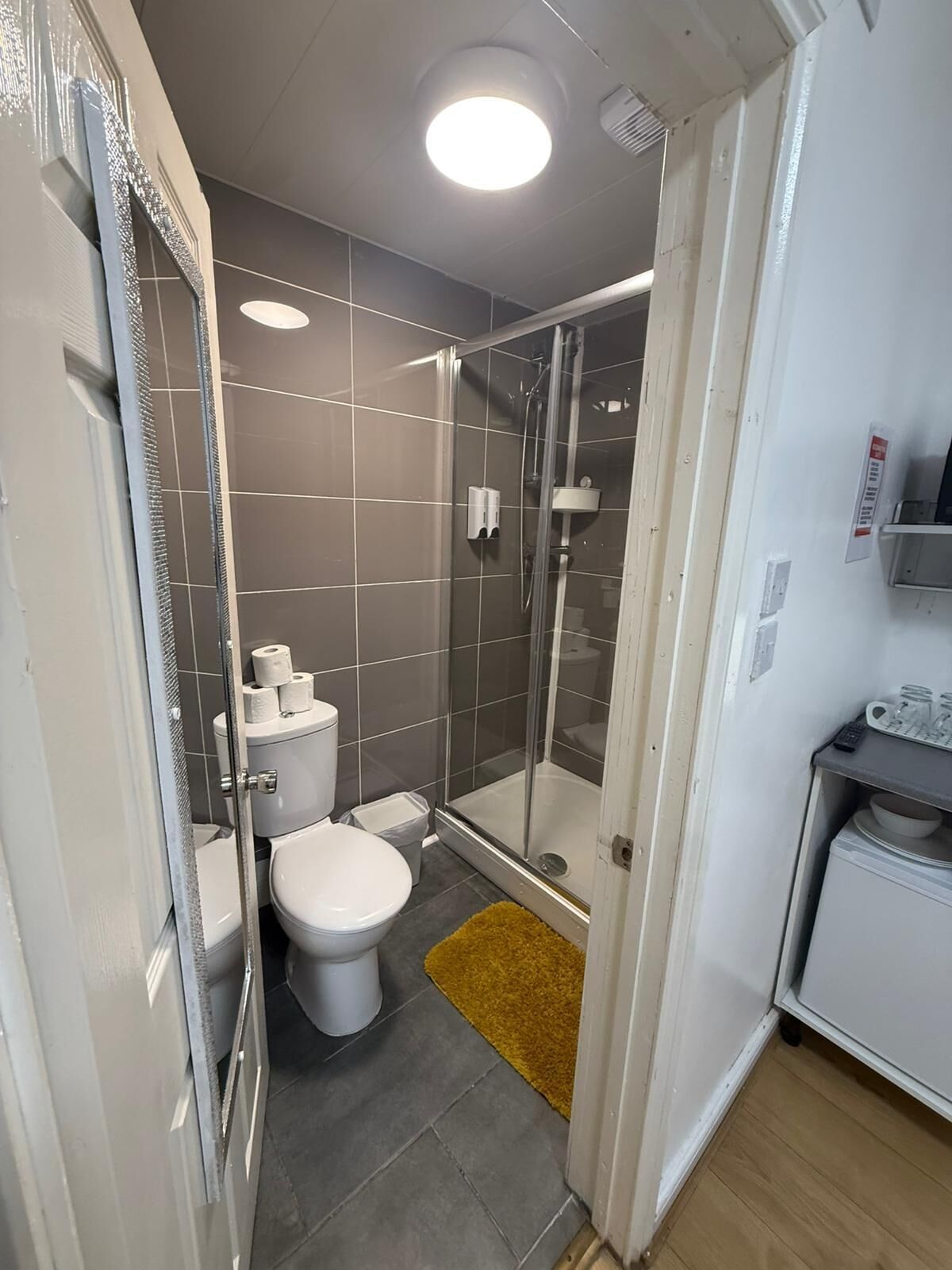 Shower, hair dryer, towels, toilet paper