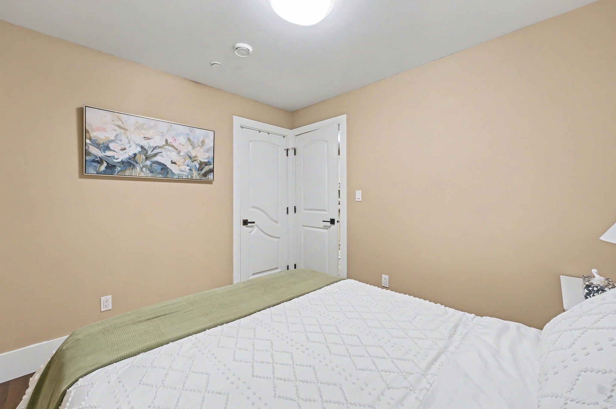 A bedroom with a bed, a painting, a door, and a light fixture.