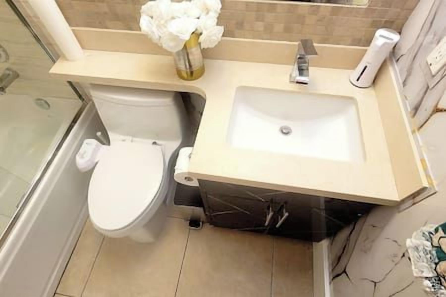 Hair dryer, bidet, towels, soap