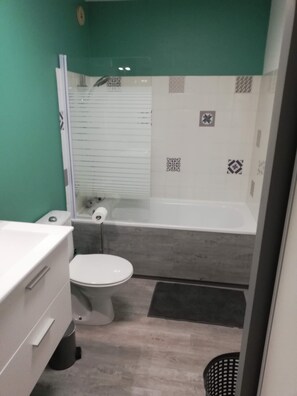 Secadora de cabello, toallas, jabón, papel de baño 