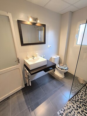Shower, hair dryer, towels, soap