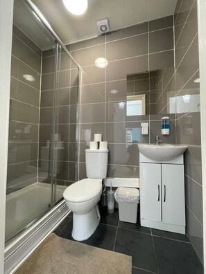 Douche, séchoir à cheveux, serviettes fournies, papier de toilette