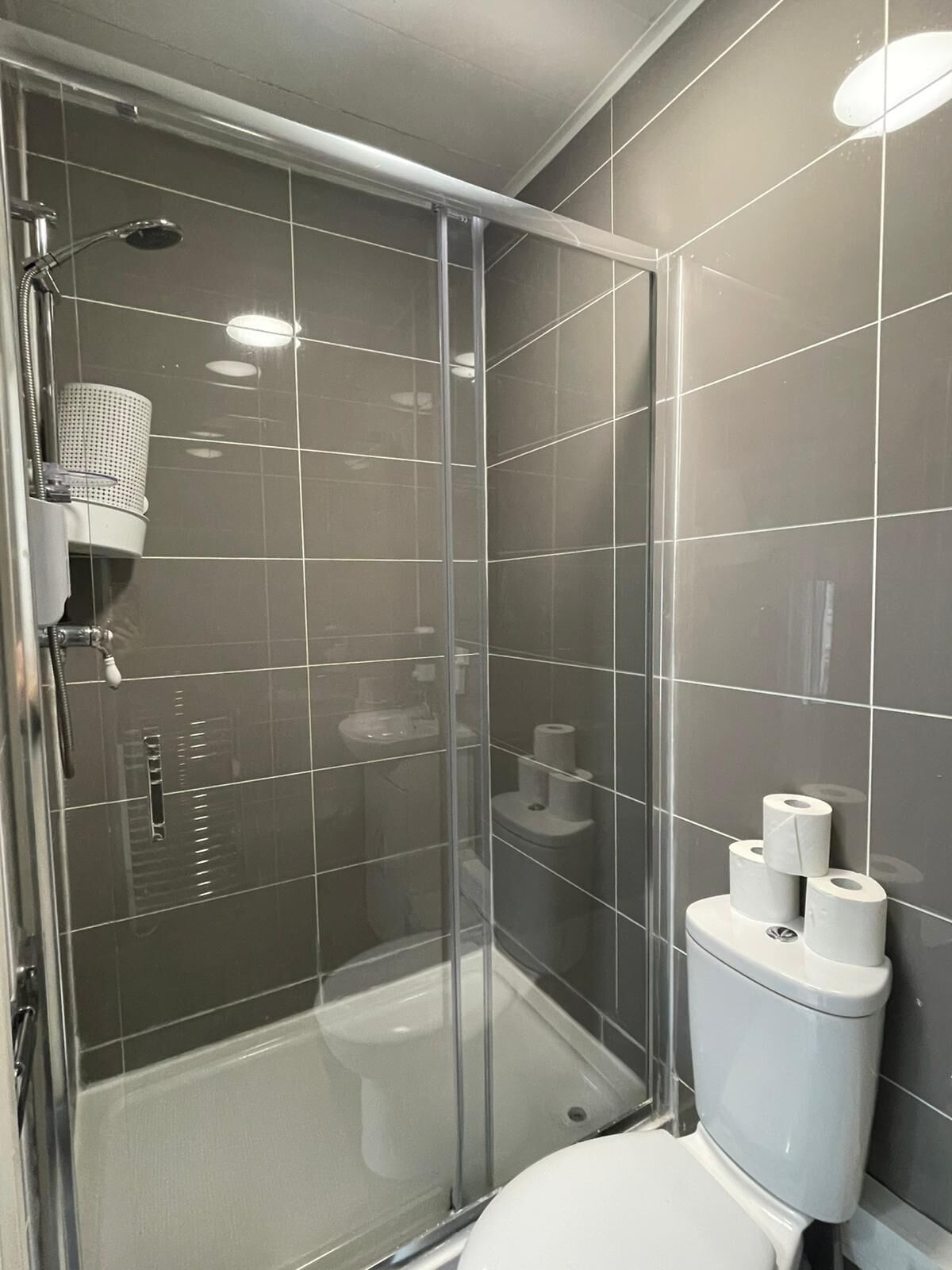 Shower, hair dryer, towels, toilet paper