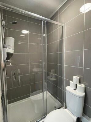 Douche, séchoir à cheveux, serviettes fournies, papier de toilette