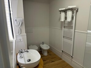 Shower, hair dryer, bidet, towels