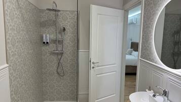 Shower, hair dryer, bidet, towels