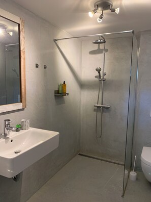 Dusche, Haartrockner, Handtücher, Seife