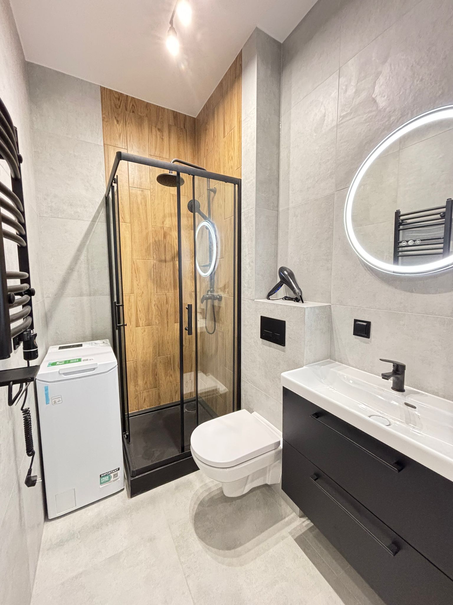 Hair dryer, towels, toilet paper